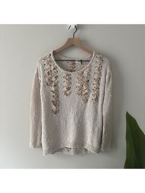 Anthropologie Akemi + Kin Cream Gray White Ribbon Embellished Knit Sweater Top